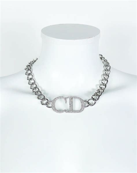 dior silver necklace d chain|vintage Dior necklace.